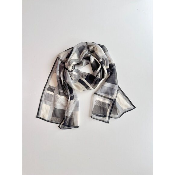 Vintage HALSTON Ivory Black Grey Check Silk Georgettte 56" x 13" Rectangle Scarf - Picture 1 of 10